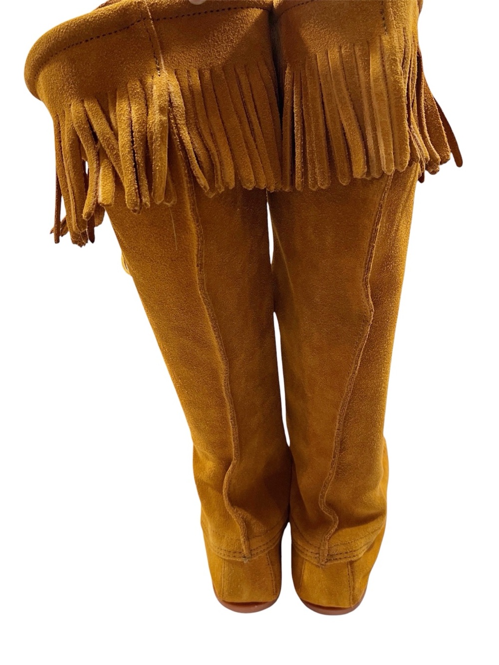 Minnetonka Women's 7 India Brown Suede Fringe Knee-High Lace-Up Moccasin Boots - Picture 5 of 8